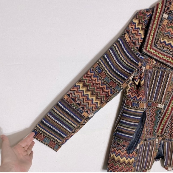 Fresh FX Chevron Stripe Jacquard Tapestry Zip Up Wide Collar Pea Style Jacket L - Picture 9 of 14